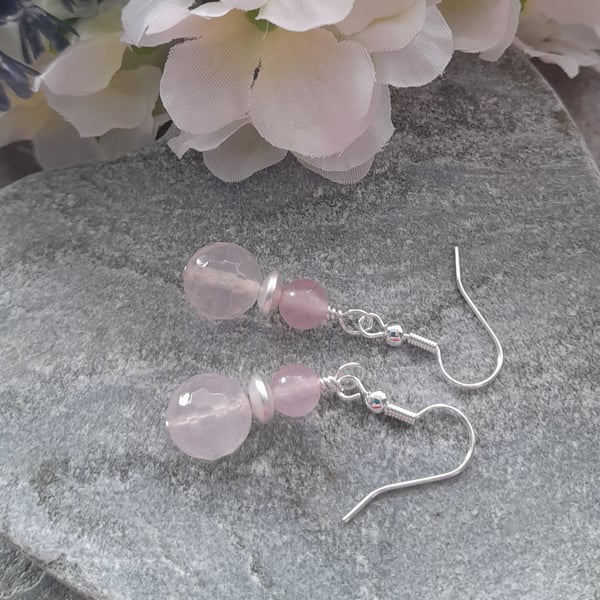 Rose Quartz and Coated Haematite Silver Plated  Earrings