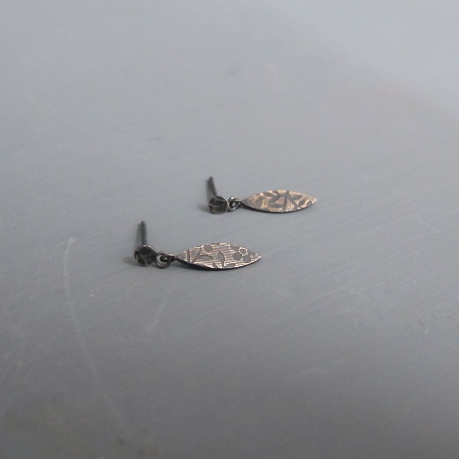 Oxidised Sterling Silver Pattern Small Stud Drop Earrings