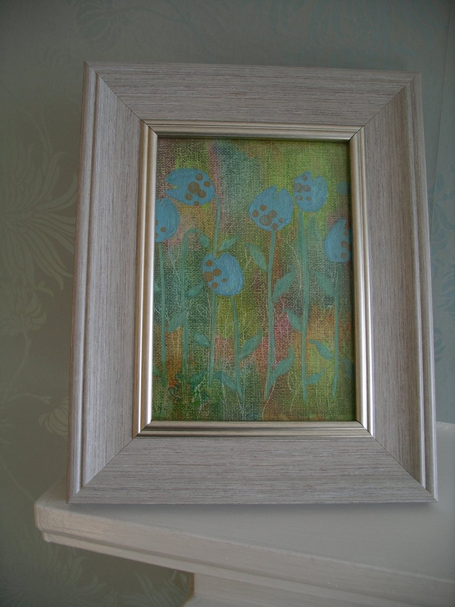 Teal Painted Flowers Painted Canvas, Framed