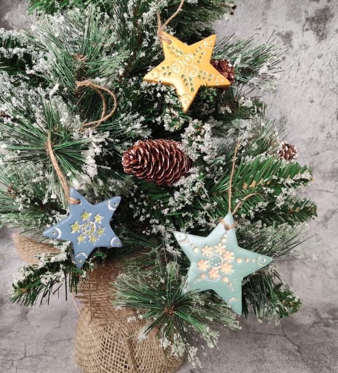 Nordic Rustic Star Ornaments, Folk Art Christmas Hanging Décor, Set of 3