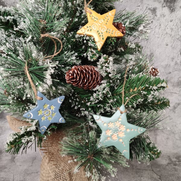 Nordic Rustic Star Ornaments, Folk Art Christmas Hanging Décor, Set of 3
