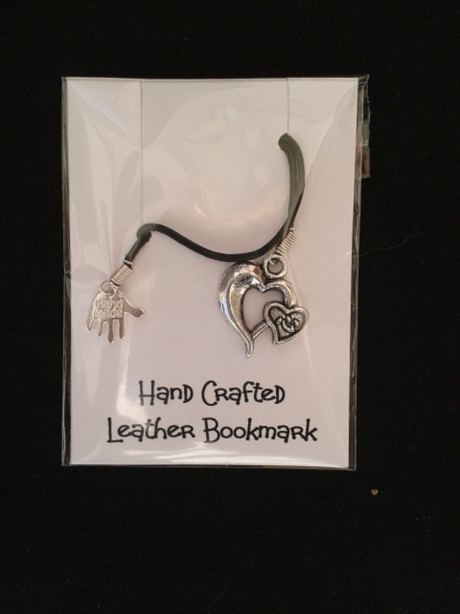 SALE - Bookmark, Double heart charm and leather thong, 40% off