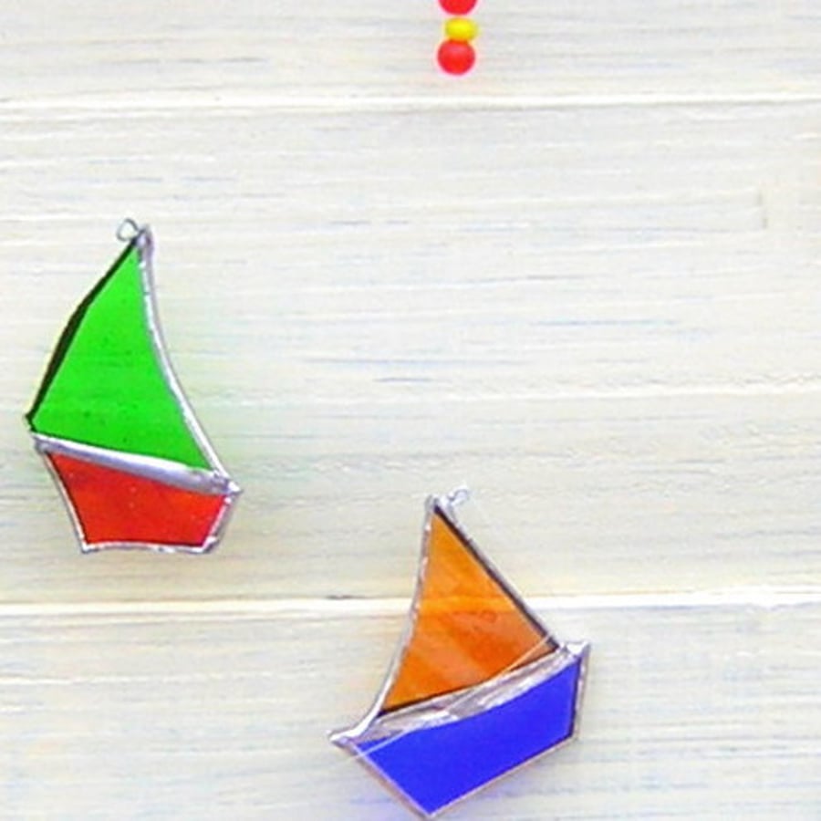 stained glass and driftwood boat mobile