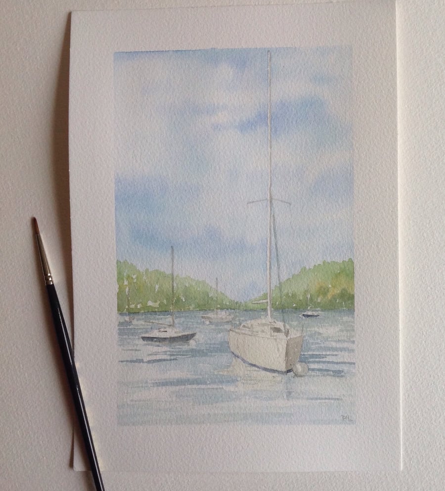 Original watercolour painting 'Yachts behind Belle Isle, Windermere'
