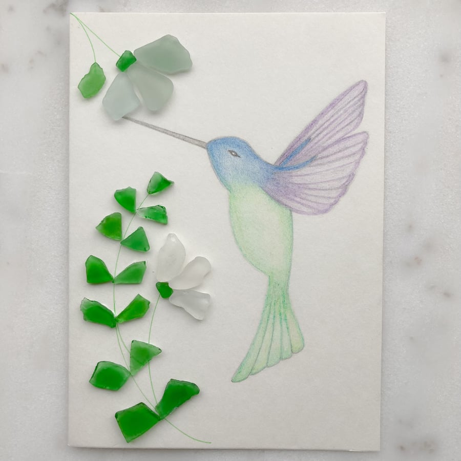 Hand drawn ‘hummingbird’ greeting card with Cornish sea glass 