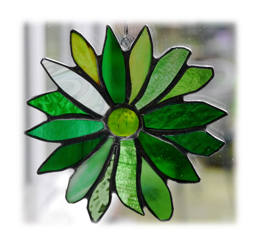 Green Flower Suncatcher Stained Glass  Handmade 001