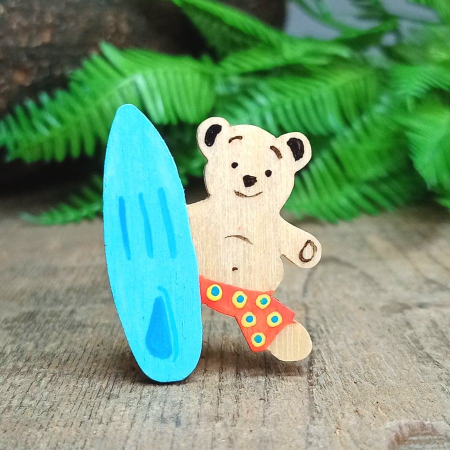 Surfer Teddy Bear Pin, Handmade Surfing Teddy Bear Brooch Gift, Summer Badge