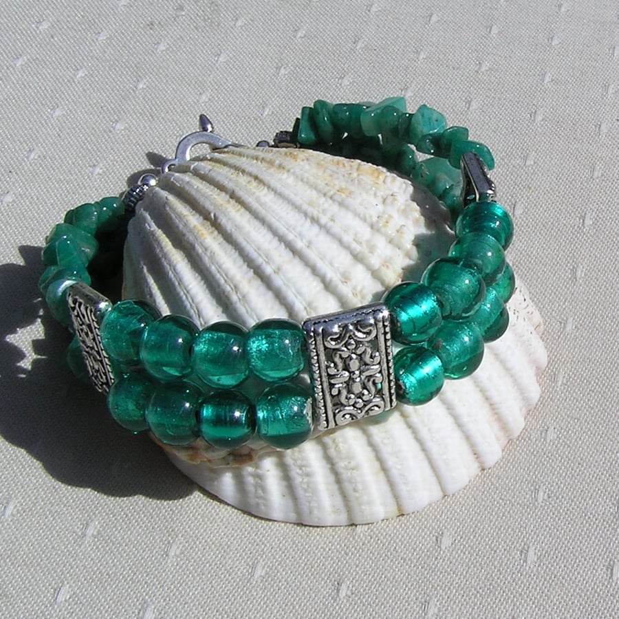 SALE Gemstone Crystal Bracelet, Amazonite & Green Silverfoil Beaded "Calypso" 