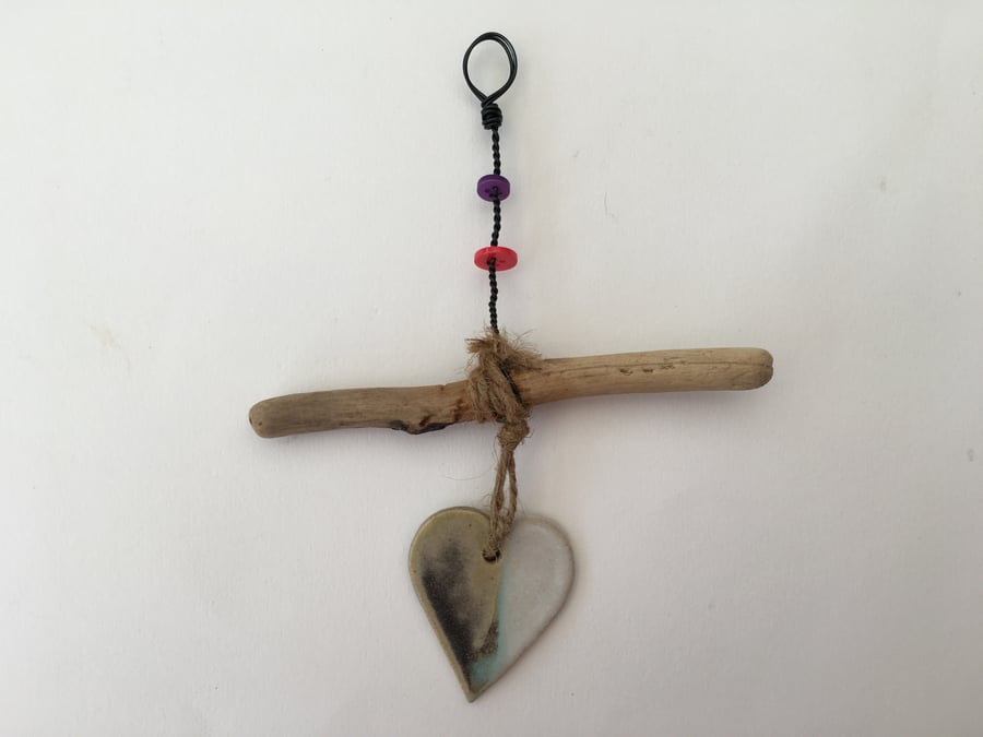Ceramic Driftwood, Loveheart hanger, pottery, gift idea, birthday, home decor