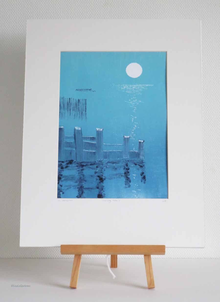 Turning tide and a full moon monoprint in blue and aqua print 1 from a series