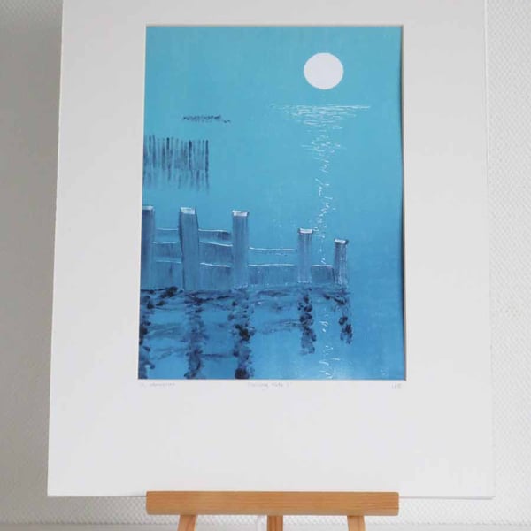 Turning tide and a full moon monoprint in blue and aqua print 1 from a series