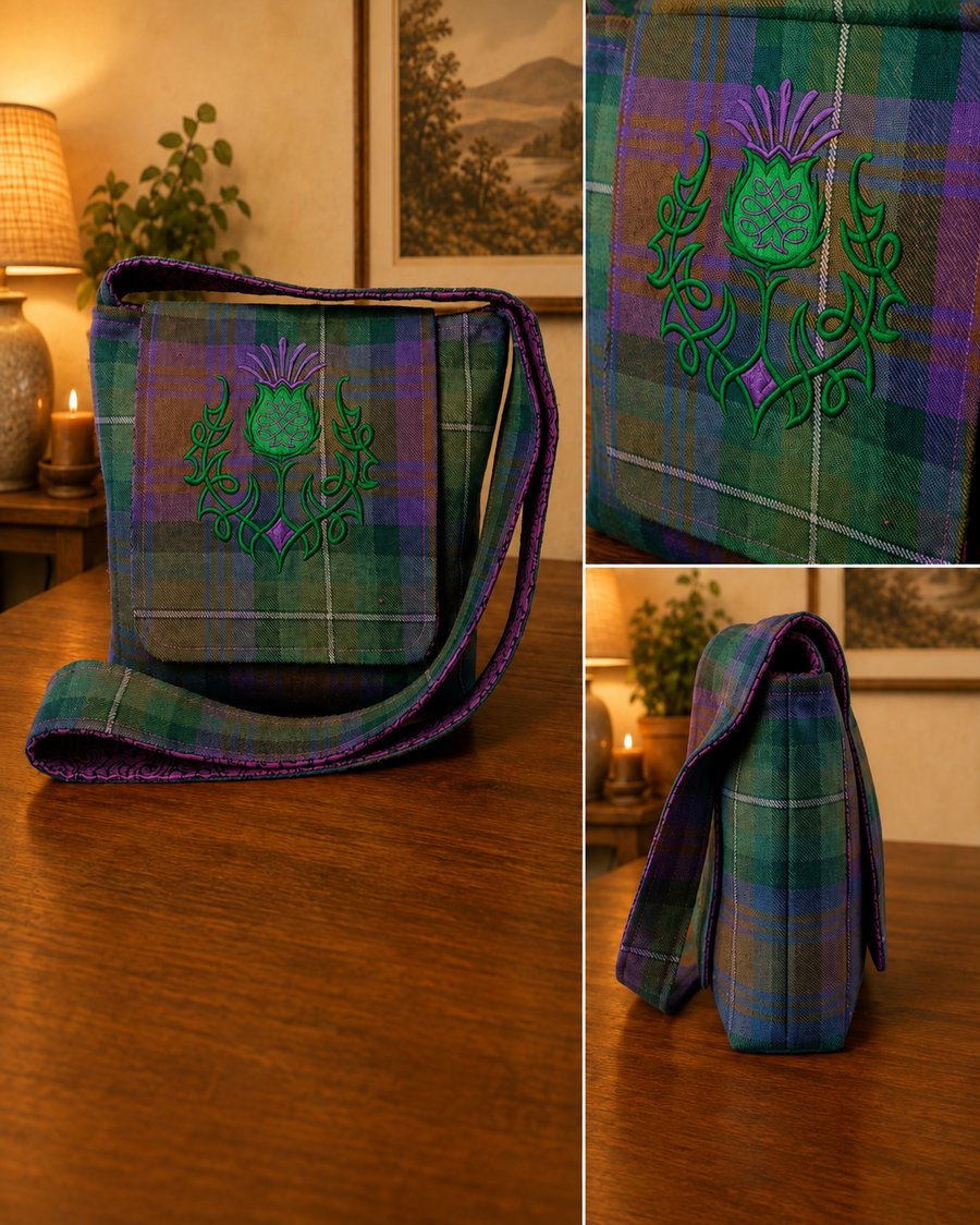 Isle of Skye tartan crossbody bag with thistle 