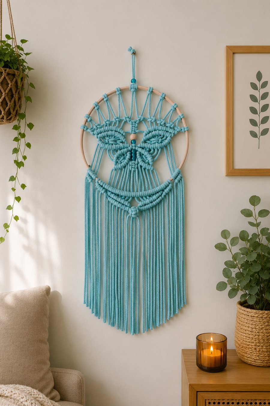 Turquoise Butterfly Macrame Wall Hanging.