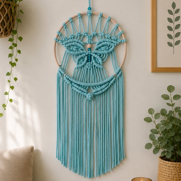 Turquoise Butterfly Macrame Wall Hanging.