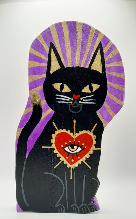 Hand Painted Black Cat Familiar Folk Art on Reclaimed Wood Witchy Home Decor