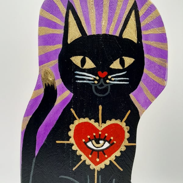 Black Cat Familiar Folk Art on Reclaimed Wood Witchy Home Decor