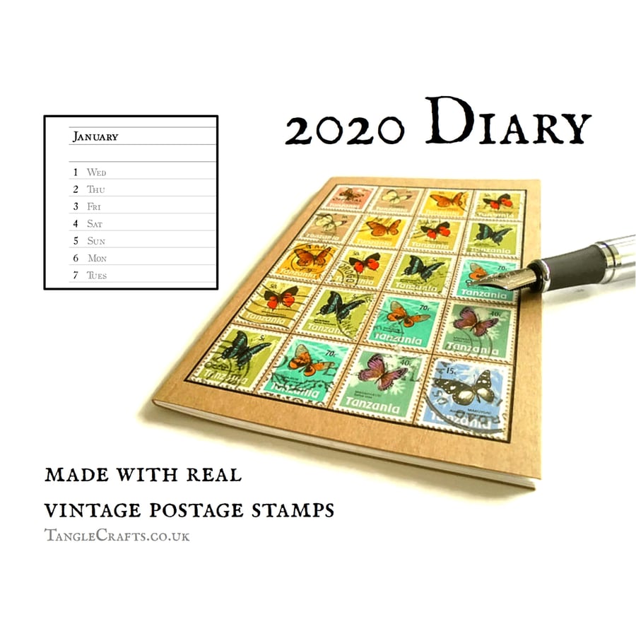 Butterfly Diary 2020, Upcycled Postage Stamps - A6 Line a Day Month Planner