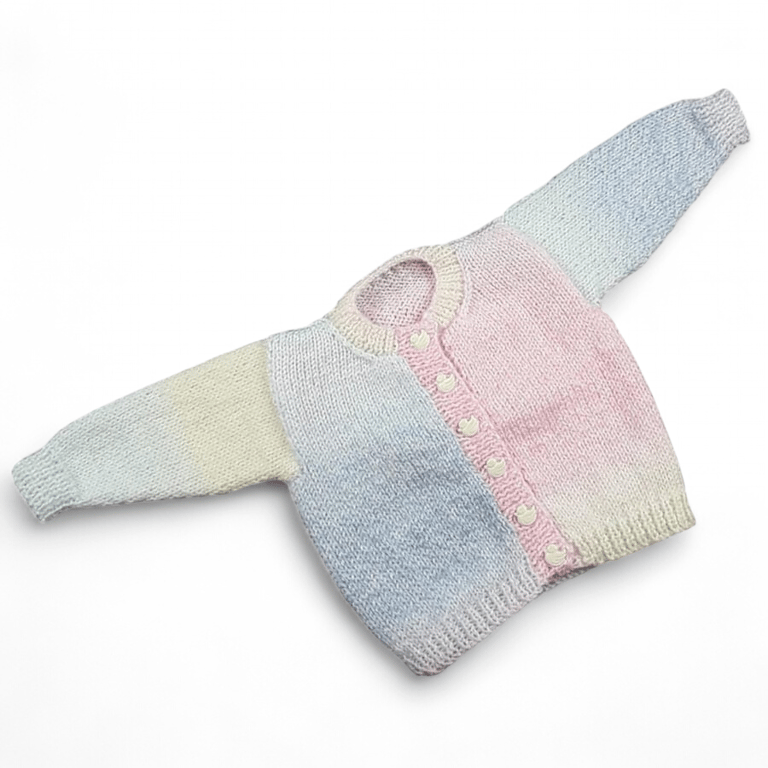 Hand knitted baby cardigan in pastels to fit 0 - 3 months 