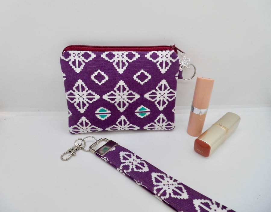 Make up bag or coin purse with matching wristlet key ring purple