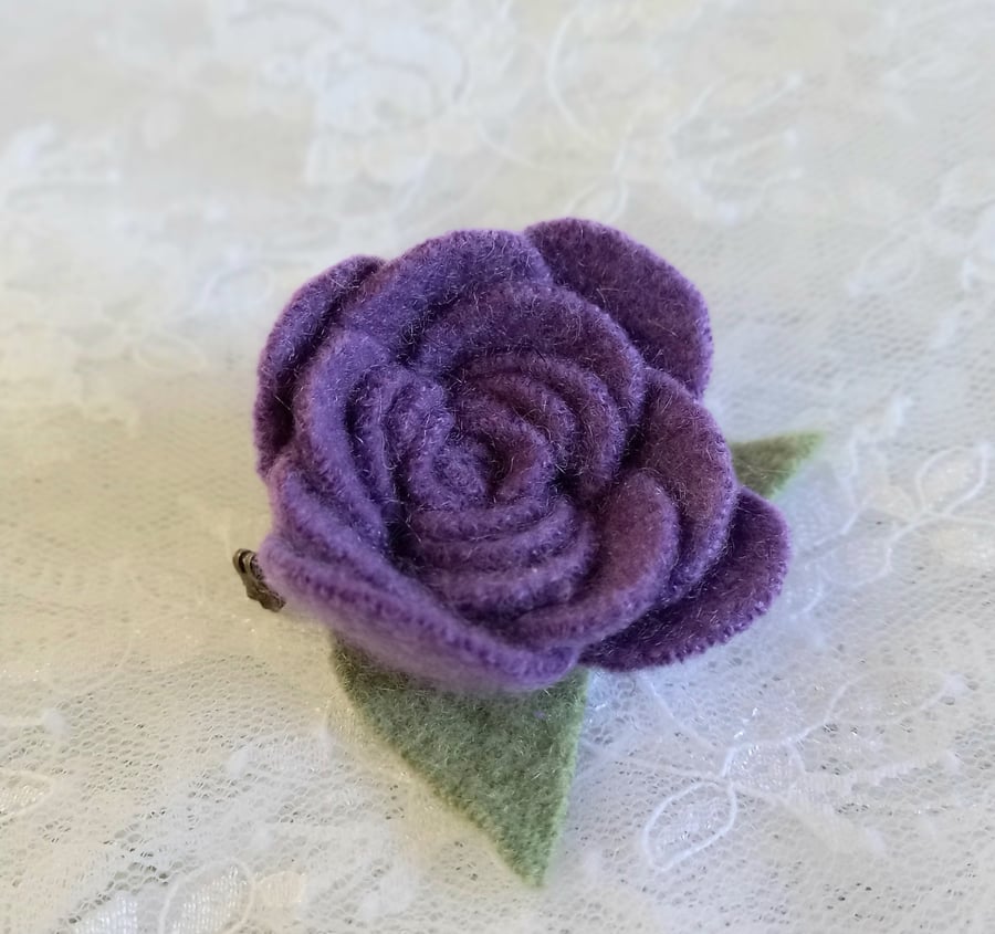 Small upcycled cashmere brooch, purple rose or flower pin