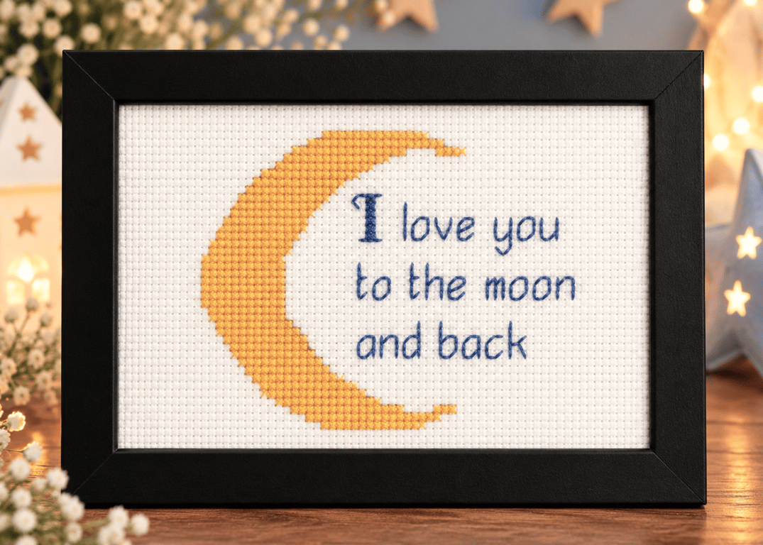 Love You to the Moon and Back Cross Stitch – Handmade Framed Love Gift