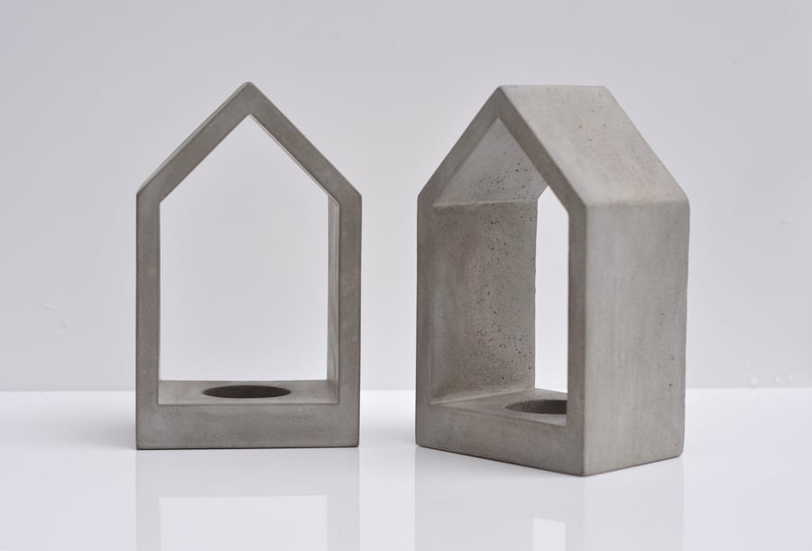 Handmade Concrete Tealight Holder - House Design Cement Home Decor Unique Desk o