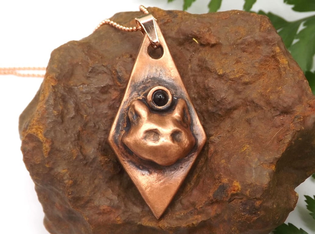 Recycled Copper Cat of Protection Pendant Necklace with Black Agate.