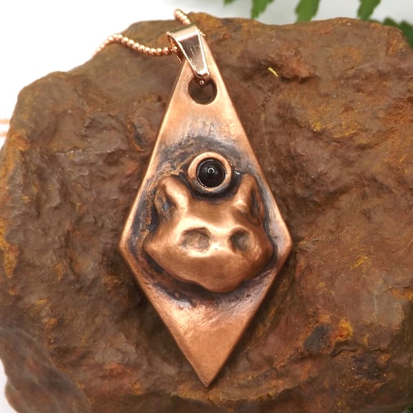 Recycled Copper Cat of Protection Pendant Necklace with Black Agate.