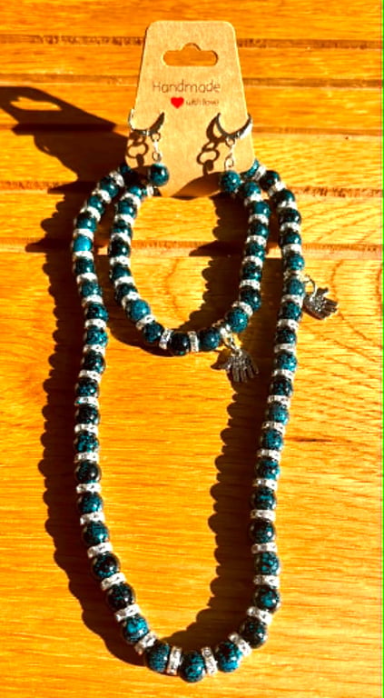 Handmade Matching Necklace, Bracelet & Earrings Set with Silver-Tone Accents