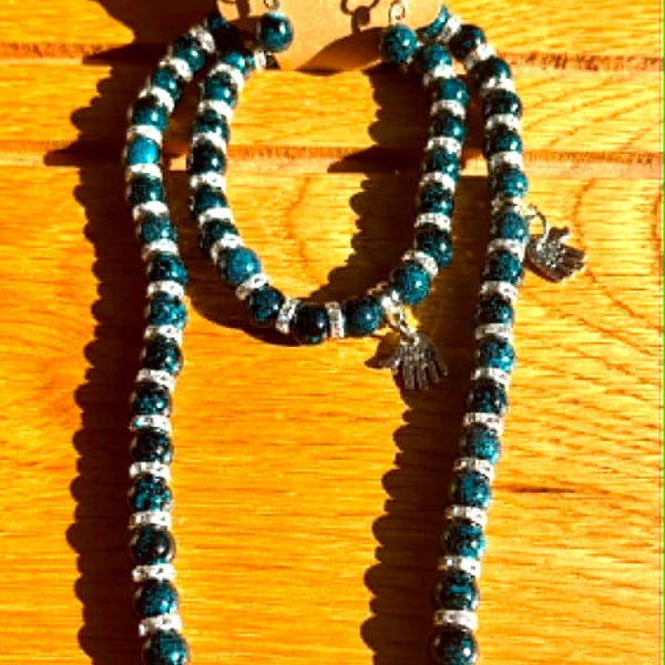 Handmade Matching Necklace, Bracelet & Earrings Set with Silver-Tone Accents