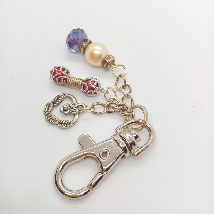 Silver Plated Hand Bag Charm with Silver Heart Pearl and Crystal Bead Charms