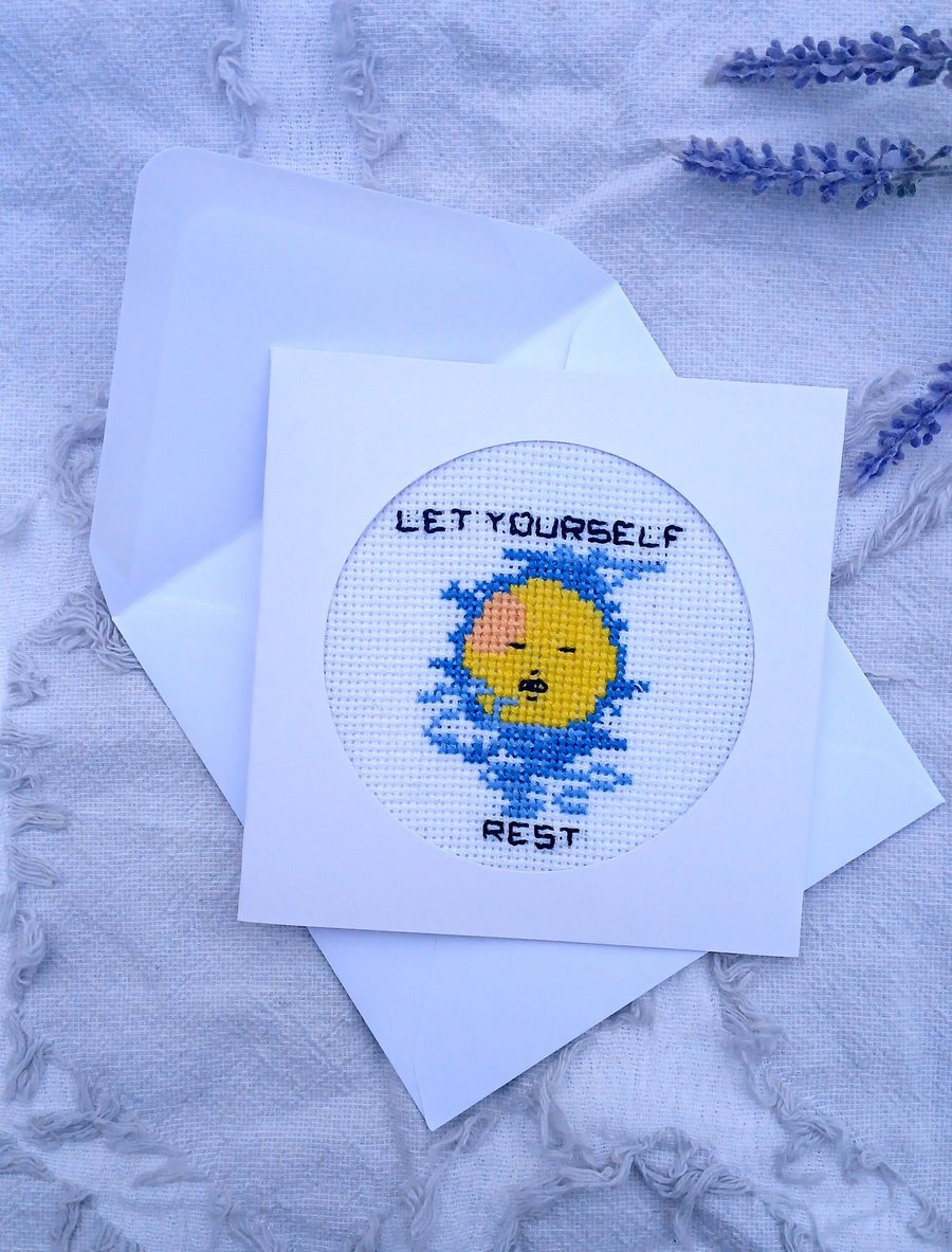 Let Yourself Rest Cross Stitch Card - Handmade Self Care Gift - Thinking of You 
