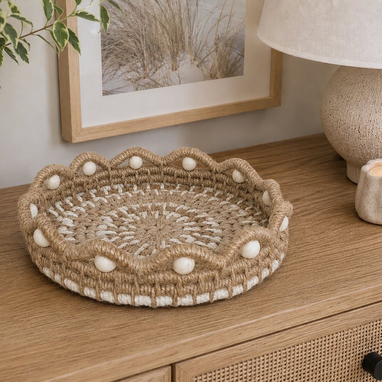Handmade Coiled Jute Basket - Beaded Decorative Basket - Natural Home Décor