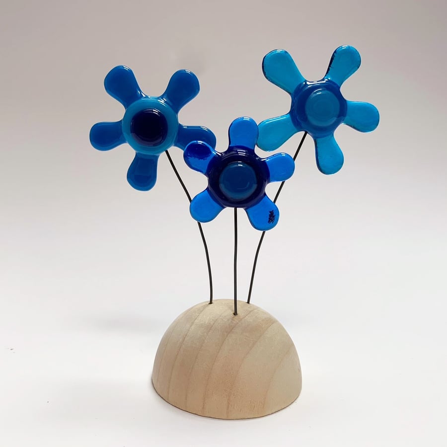 Fused Glass Happy Hippy Flowers (Blues) - Handmade Fused Glass Sculpture