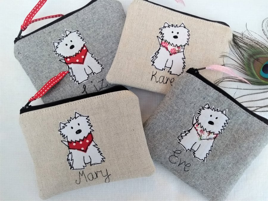 Personalised Westie Dog Purse with Custom Name - Linen or Grey Wallet or Pouch