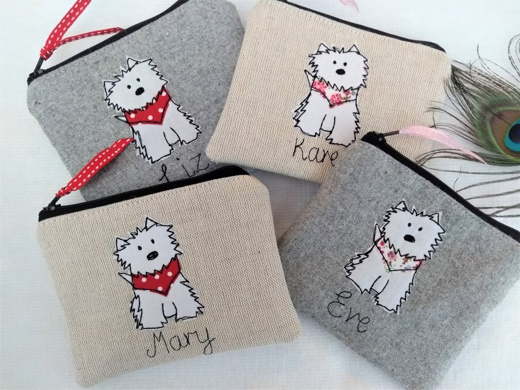 Personalised Westie Dog Purse with Custom Name - Linen or Grey Wallet or Pouch