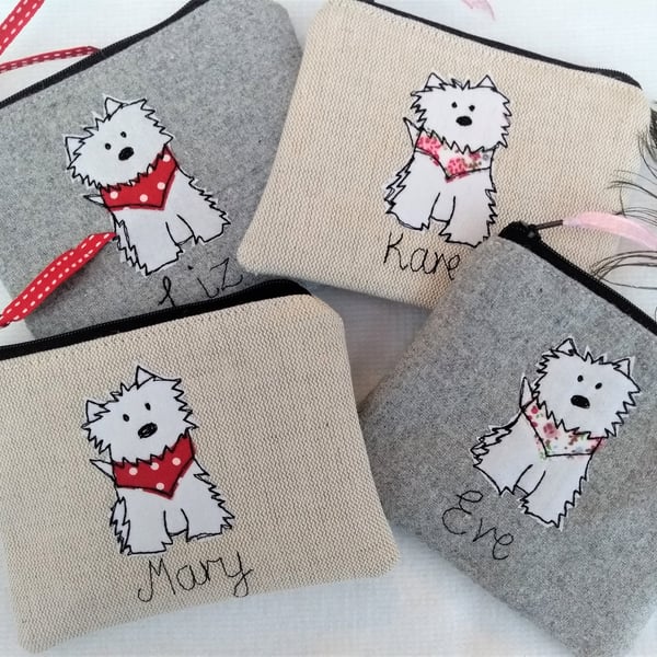 Personalised Westie Dog Purse with Custom Name - Linen or Grey Wallet or Pouch