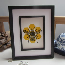 Hanprinted linoprint Bee Honeycomb design 