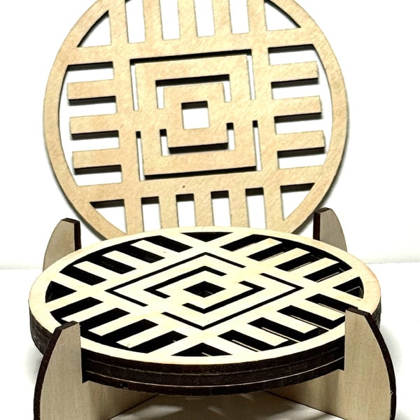 Baltic Birch Wooden Coaster - Set of 4 with stand (05)