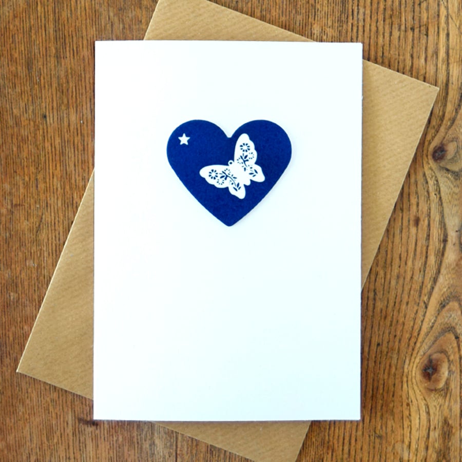 Butterfly Cyanotype Blue Heart Blank Greetings Card