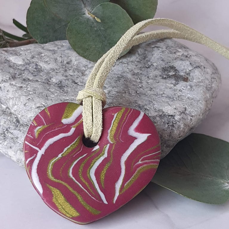 Handmade raspberry, lime and white polymer clay heart pendant 