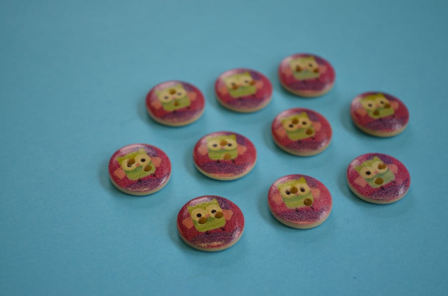 15mm Wooden Owl Buttons Pink Purple Green 10pk Bird (SOW3)