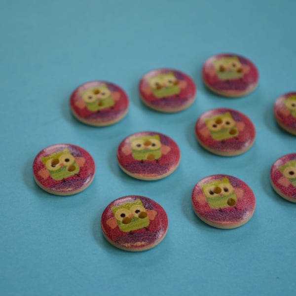 15mm Wooden Owl Buttons Pink Purple Green 10pk Bird (SOW3)