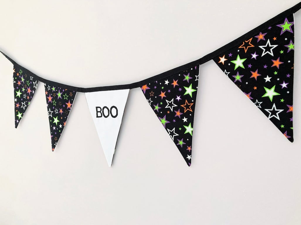 Glow in the Dark Star Halloween Bunting: Embroidered BOO Flag