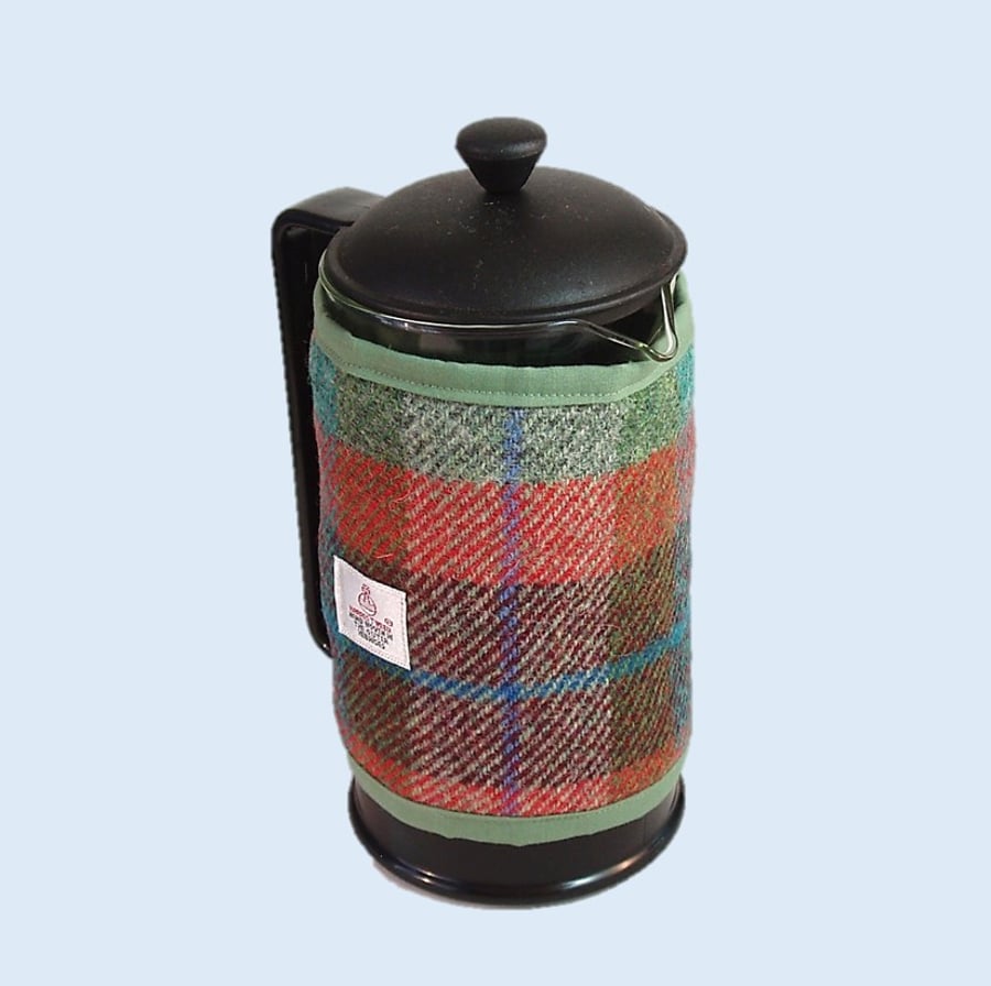 Harris Tweed cafetiere cover, coffee cosy, brick red turquoise green fabric