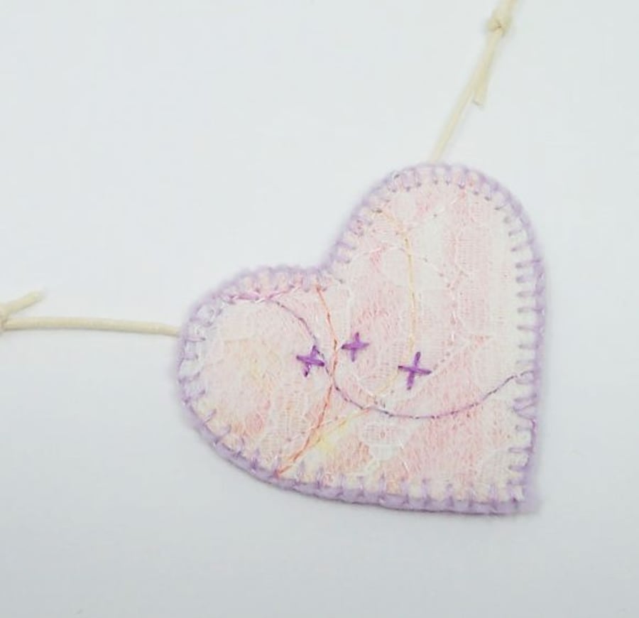 Hand embroidered lace Cross My Heart textile necklace - Lizzie