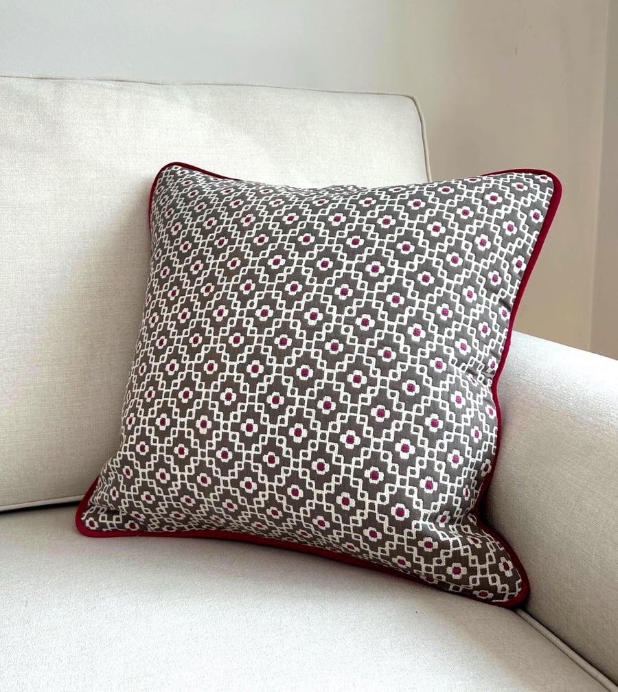 Grey Trellis Cushion Cover with Pink Piping, Modern Pillow (45cm)