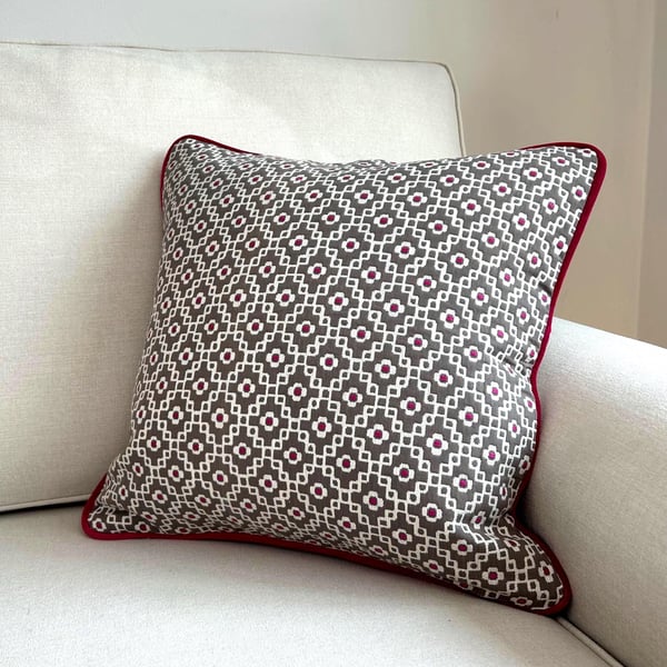Grey Trellis Cushion Cover with Pink Piping, Modern Pillow (45cm)