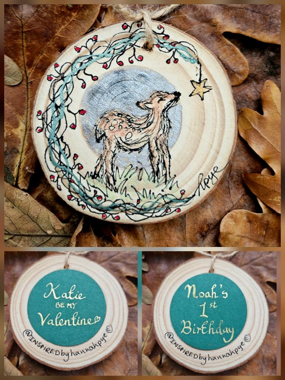 Personalised decoration :  Deer fawn original painting hanging log slice