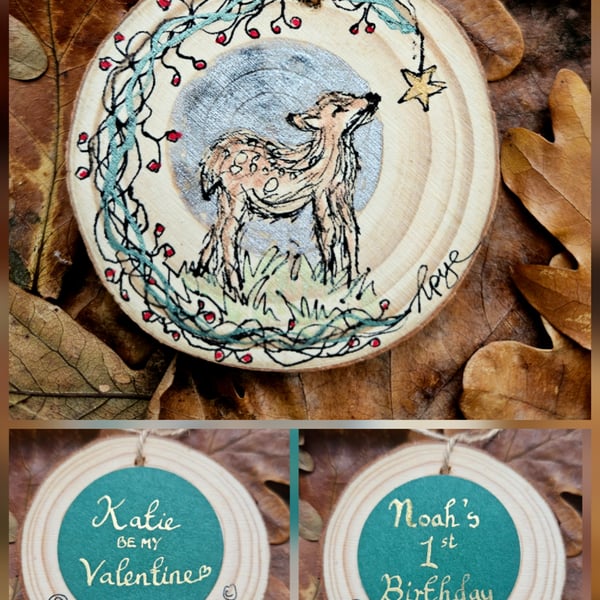 Painting: Hand-painted deer fawn log slice decoration